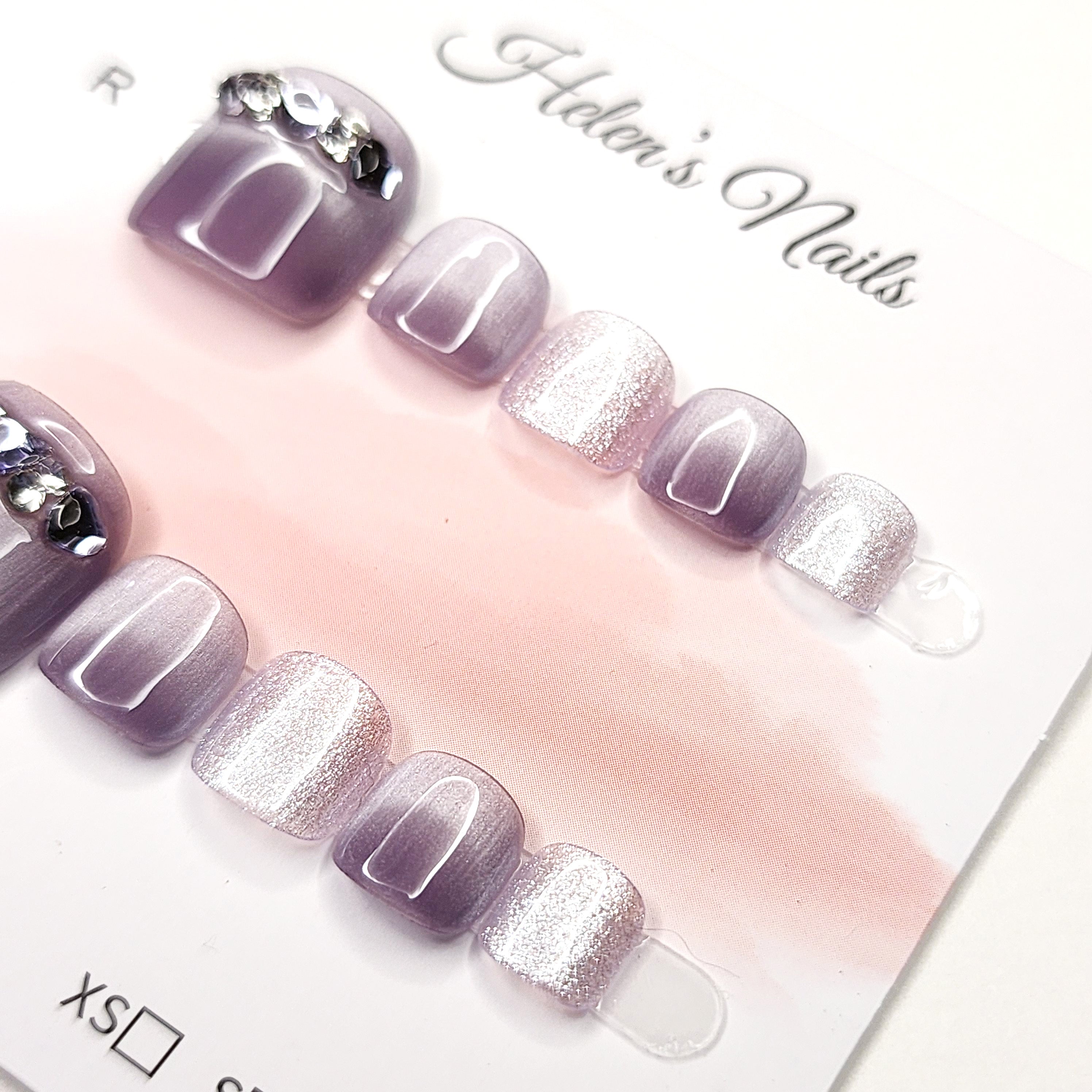 Crystal-Banded Metallic Mauve Squares Toe Nails